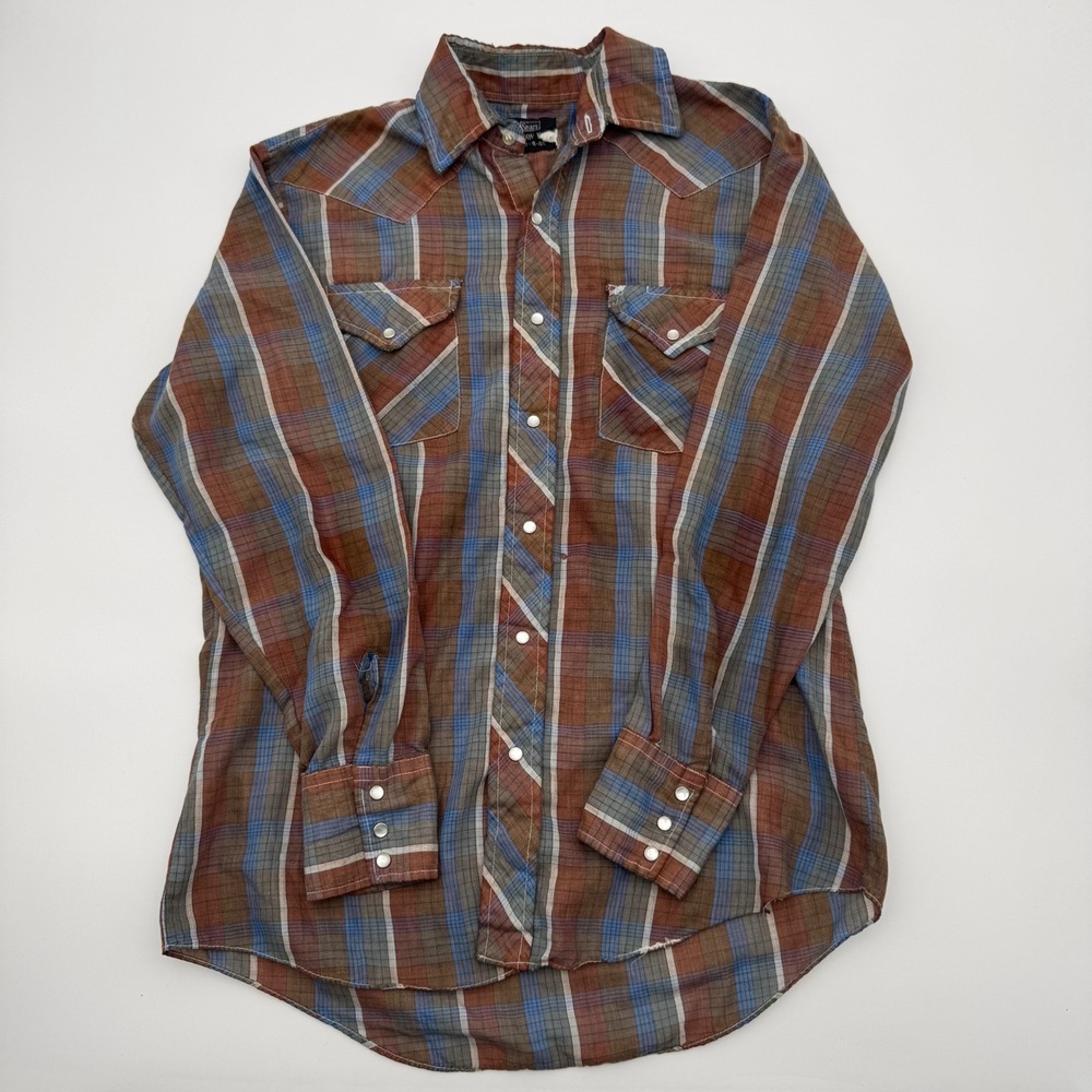 Vintage Sears Western Wear Pearl Snap Shirt Mens Medium Brown Blue Plaid Cowboy